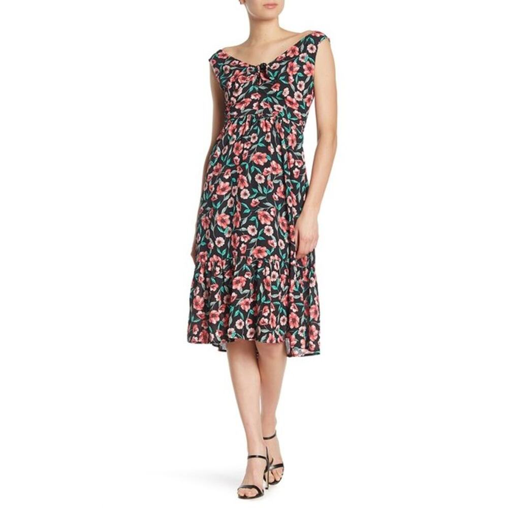 Heartloom Camila Floral Keyhole Smocked Back Sleeveless Midi Dress S Black Pink